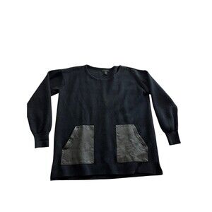 J. Crew Black Merino Wool Pullover Sweater Leather Pockets Women's Size S